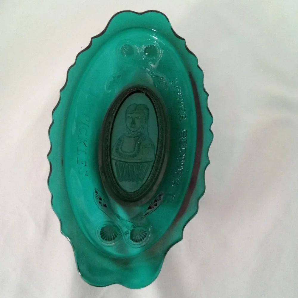 Teal Green Glass Loves Request Is Pickles Oval Scalloped Sawtooth Dish 9.25in